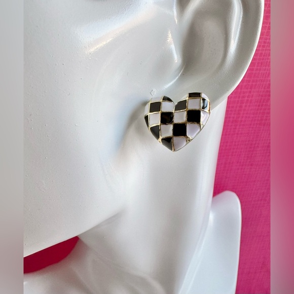New Black & White Checkered Print Heart Retro 80s Style Stud Earrings - 0.75” - Picture 2 of 6